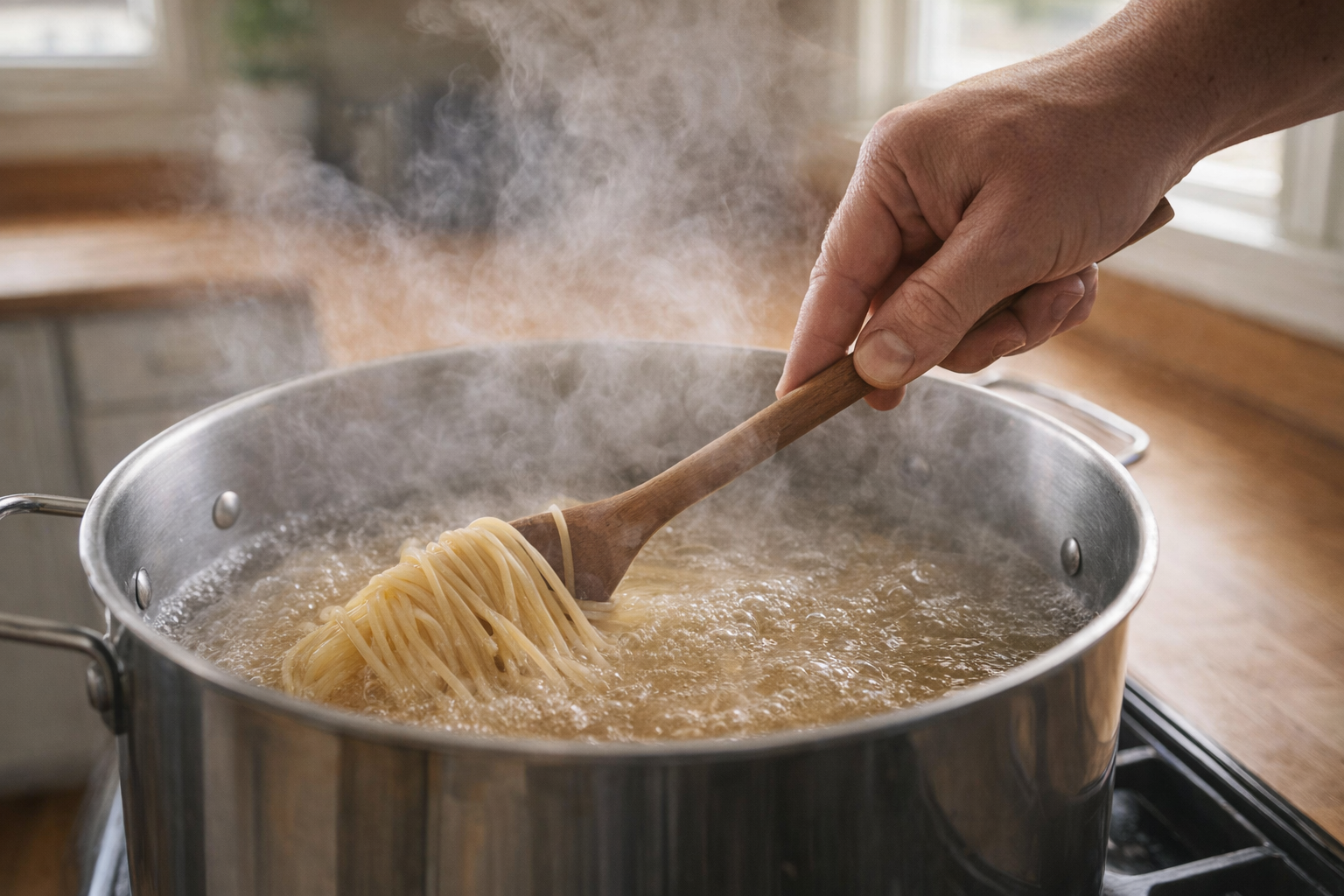 An action shot of spaghetti being stirred in a large pot of boiling water, steam rising, wooden spoon in hand, bright kitchen lighting